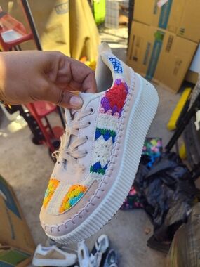 Cream Crochet Platform Sneakers with Rainbow Accents